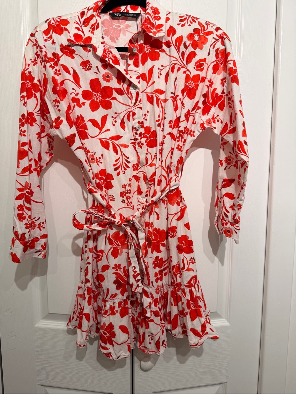 Zara White and Red Floral Tie-Waist Mini Dress